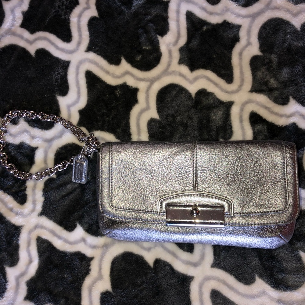 Coach Purse- Metallic Silver Pebble Leather Clutch